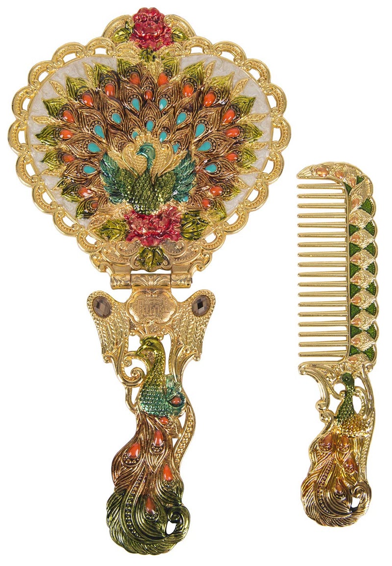 Nerien Antique Mirror Comb Set - Vintage Metal Embossed Rose Handheld & Tabletop Stand Makeup Mirror - Peacock Heart-Shaped - Gold - Image 1